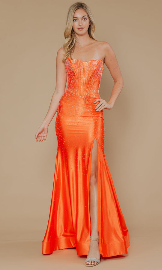 Poly USA 25046 - Rhinestone Ornate Straight Neck Long Gown
