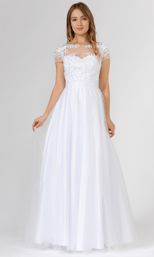Poly USA 7482 - Embroidered Illusion Short Sleeve Bridal Gown