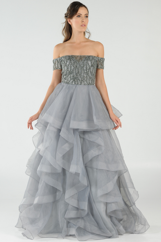 Poly USA 8006 - Beaded Mesh Ruffle Ballgown