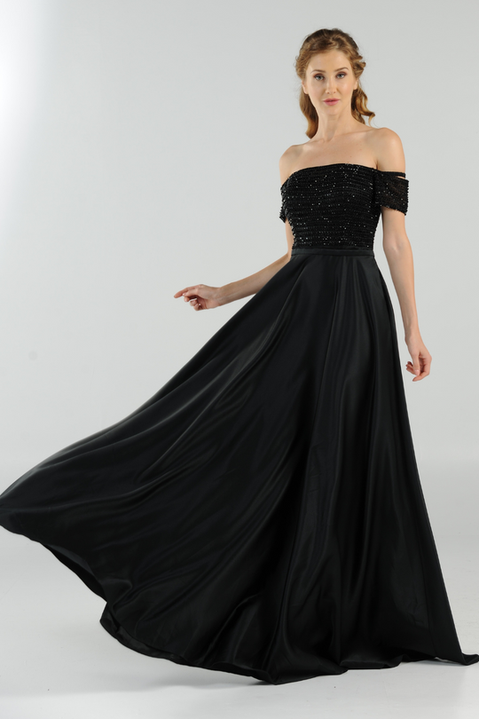 Poly USA 8132 - Rhinestone Bodice Off Shoulder Satin Dress