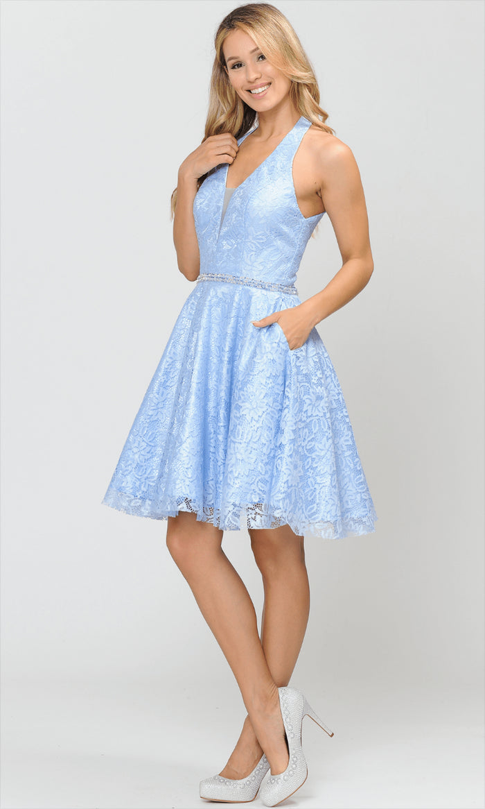 Poly USA 8428 - Halter Lace A-Line Cocktail Dress Special Occasion Dress XS / Blue