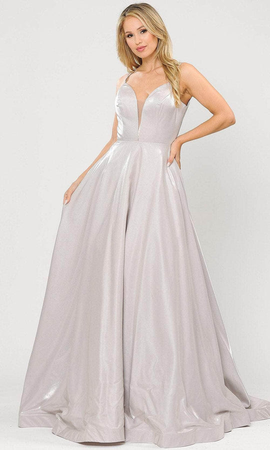 Poly USA 8644 - Deep V-Neck Shimmer Satin Gown