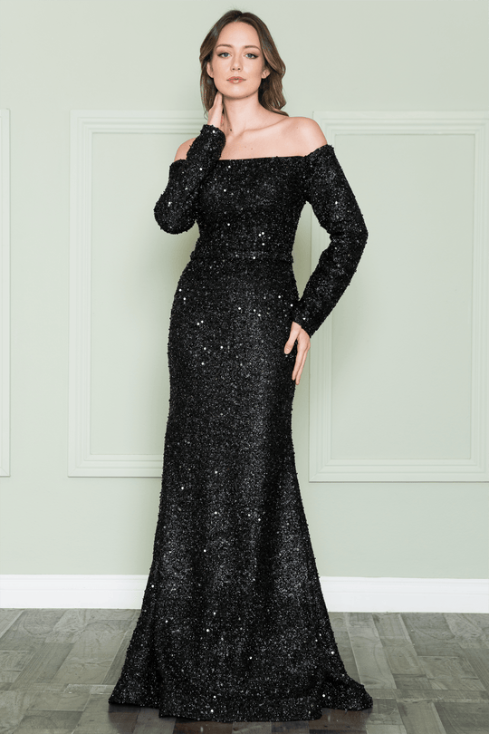 Poly USA 8876 - Off Shoulder Sequined Evening Gown