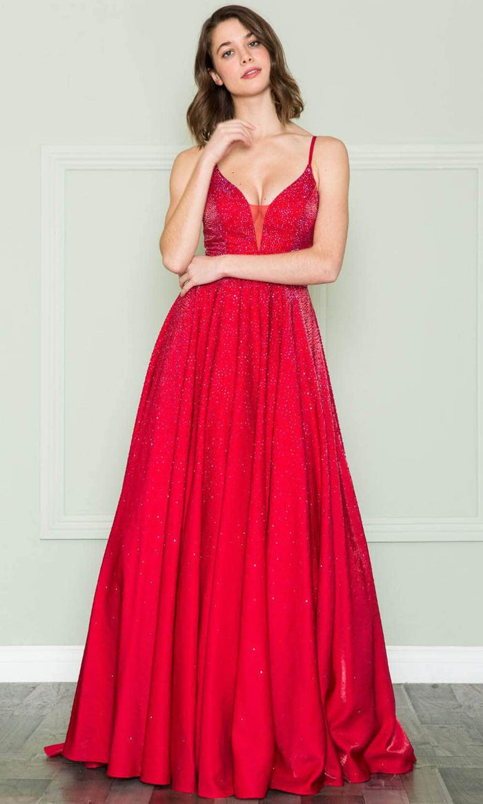 Poly USA 8888 - Illusion V Neck Gown Prom Dresses XS / Red