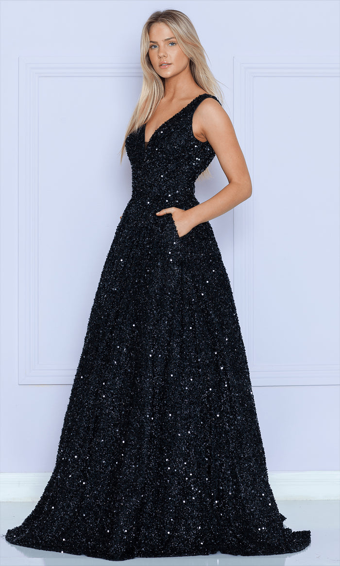 Poly USA 9168 - Sequined A-line Evening Dress Prom Dresses XS / Black