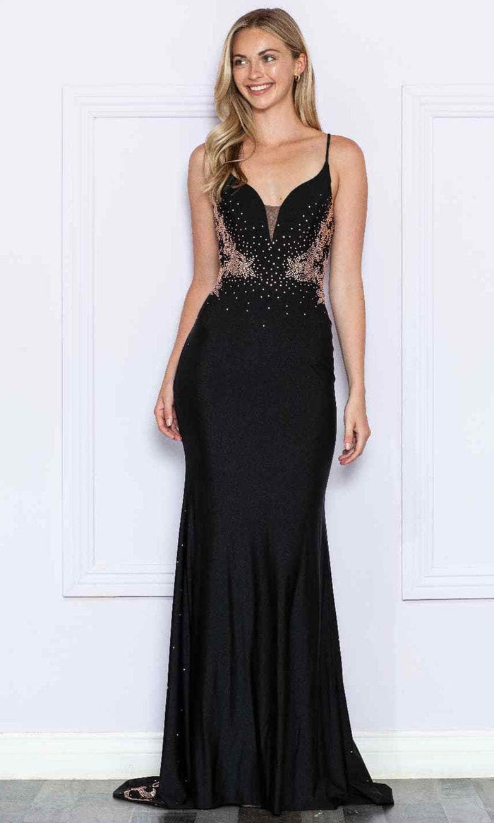 Poly USA 9274 - Rhinestone Studded Prom Dress Prom Dresses XS / Black/Rosegold