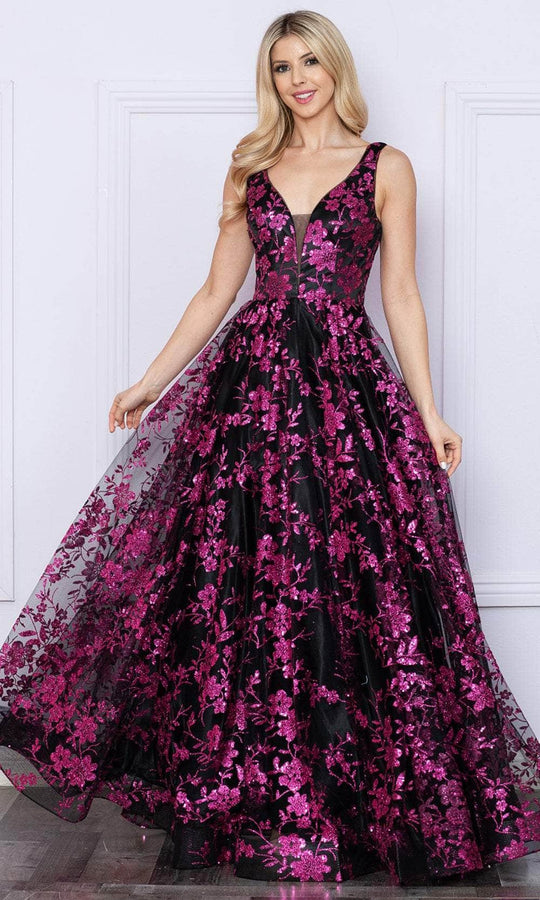 Poly USA 9298 - V-Neck Floral Prom Dress
