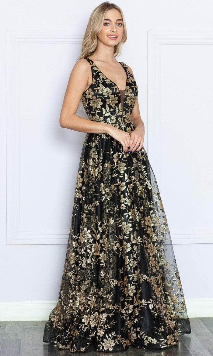 Poly USA 9298 - V-Neck Floral Prom Dress Prom Dresses XS / Black/Rosegold
