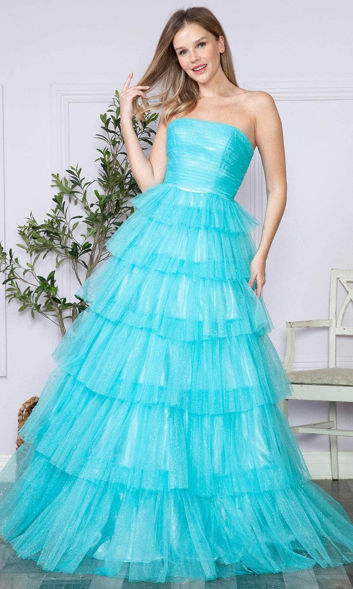Poly USA 9386 - Strapless Tiered Prom Dress Prom Dresses XS / Aqua Blue