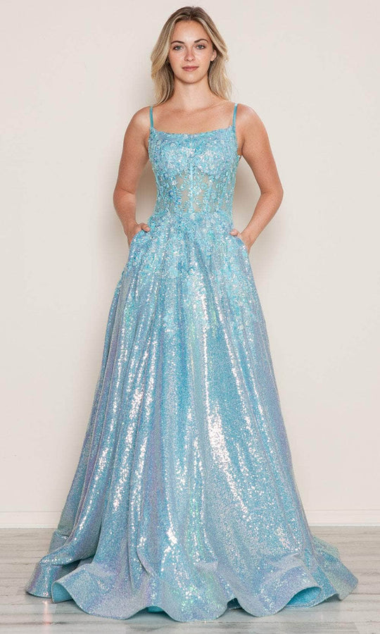 Poly USA 9554 - Sequined Embroidered Sheer Corset Prom Gown