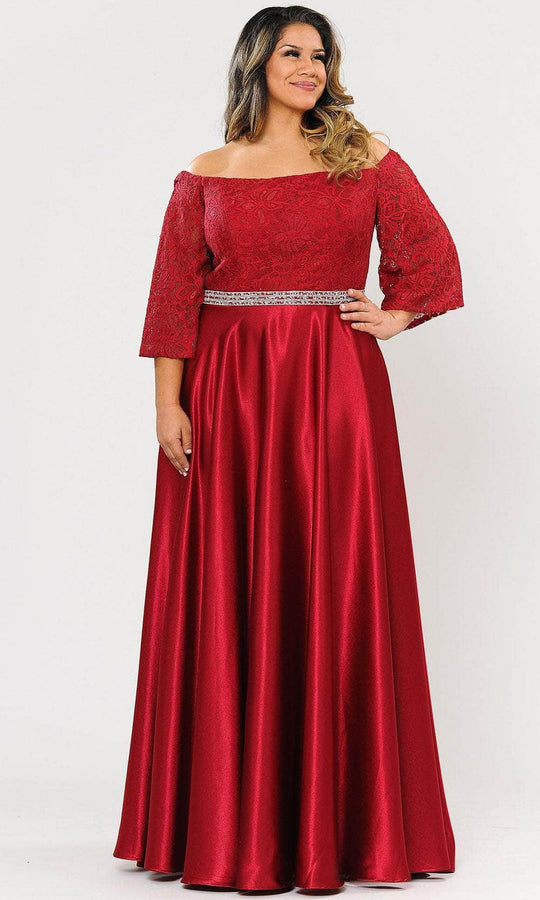 Poly USA W1008 - Off-shoulder Straight Across Neckline Long Dress