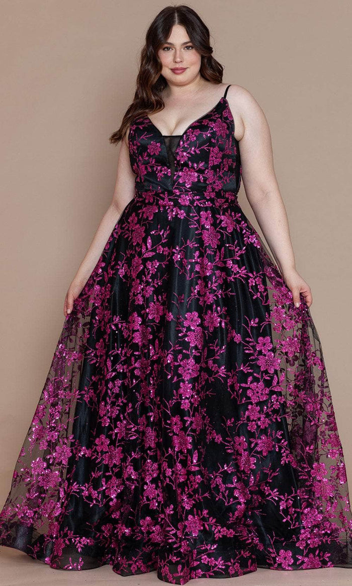 Poly USA W1134 - Floral Glitter Plus Prom Dress Prom Dresses 14W / Black/Hot Pink