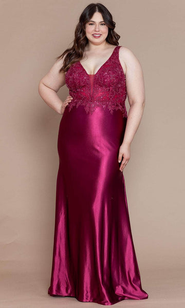 Poly USA W1160 Plus Size Fitted Embroidered V-Neck Gown | FormalDressShops Cherry Red / 24W Poly USA W1160 Plus Size Fitted Embroidered V-Neck Gown | FormalDressShops Cherry Red / 24W