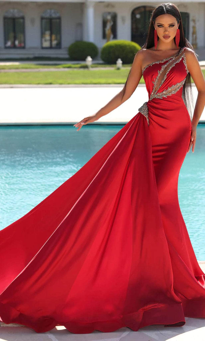 Portia and Scarlett PS23460 - Beaded One Shoulder Evening Gown Evening Dresses 0 / Bright-Red