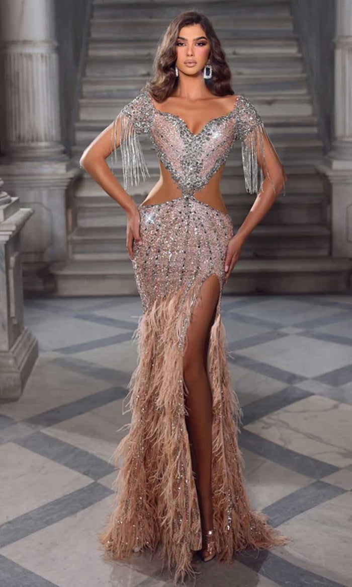 Portia and Scarlett PS23743C - Fringe Detailed Long Mesmerizing Gown Special Occasion Dress 00 / Silver Nude