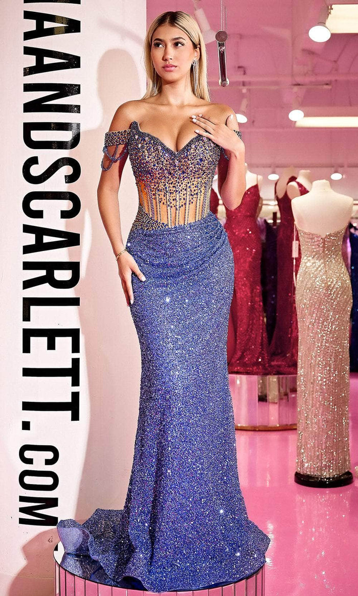 Portia and Scarlett PS24880C - Illusion Waist Beaded Prom Gown Special Occasion Dress 00 / Blue