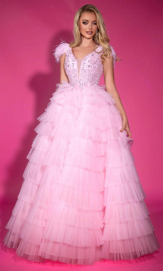 Portia and Scarlett PS25317 - Plunging Neck Feather Detailed Ballgown