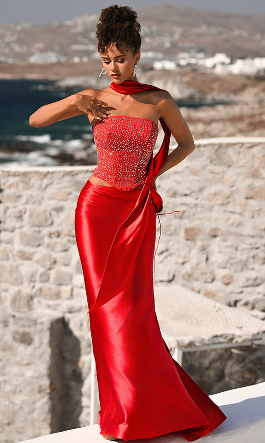 Portia and Scarlett PS26042 - Beaded Crop Top Sheath Dress With Scarf