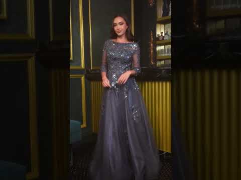 Ladivine J883 - Three-Quarter Sleeve Embroidered Gown