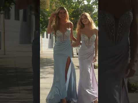 Ladivine J4304 - Rhinestone-Embellished Sheer Bodice Prom Gown