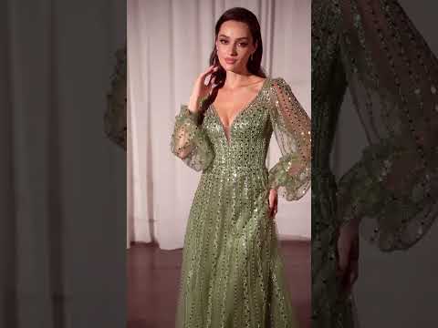 Ladivine CD0240 - Sheer Bishop Sleeve Evening Gown