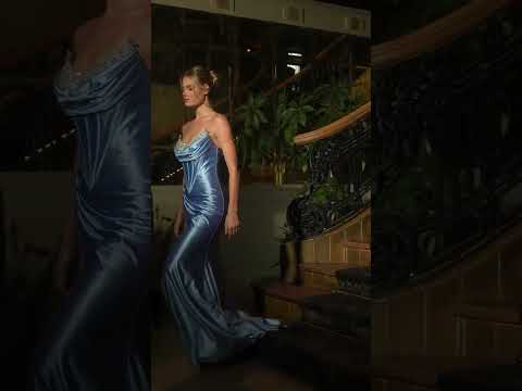 Ladivine CDS529 - Scoop Crystal Bead Evening Dress