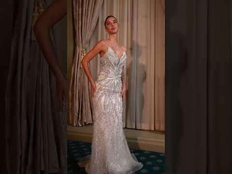 Ladivine Bridal CC0688W - Pearl Embellished Plunging V-Neck Gown