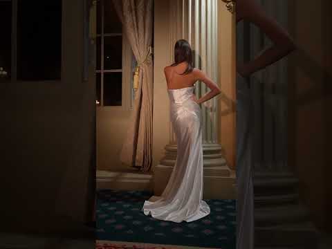 Ladivine Bridal KV1118W - Pleated Bodice Asymmetric Gown with Slit