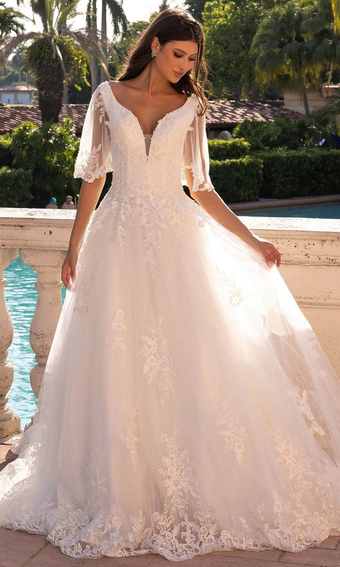 Primavera Bridal 11134 - Plunging Neck Flutter Sleeve Bridal Dress Bridal Dresses 0 / Ivory