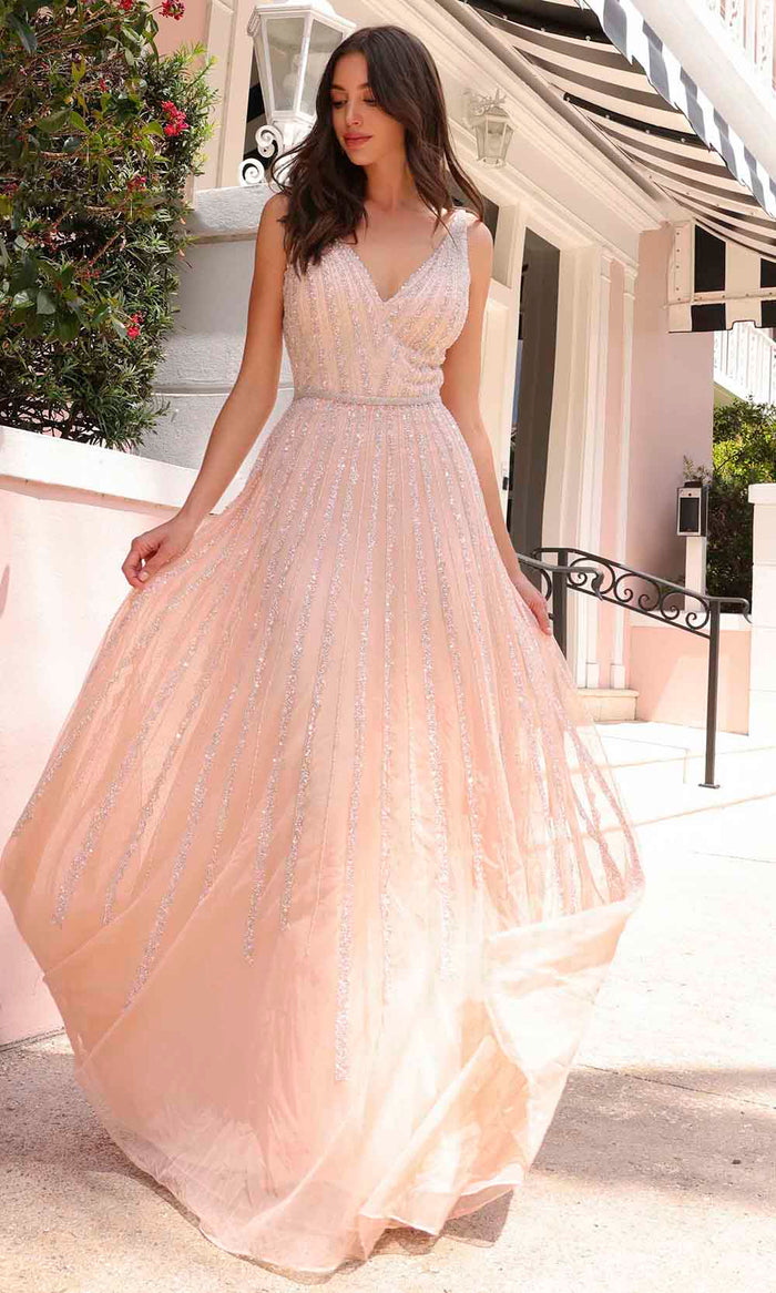 Primavera Couture 12116 - V-Neck Linear Beaded Prom Gown Prom Dresses 000 / Blush