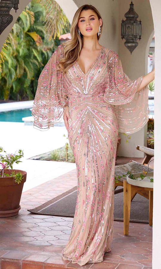 Primavera Couture 12189 - V-Neck Cape Sleeve Sequin Evening Gown