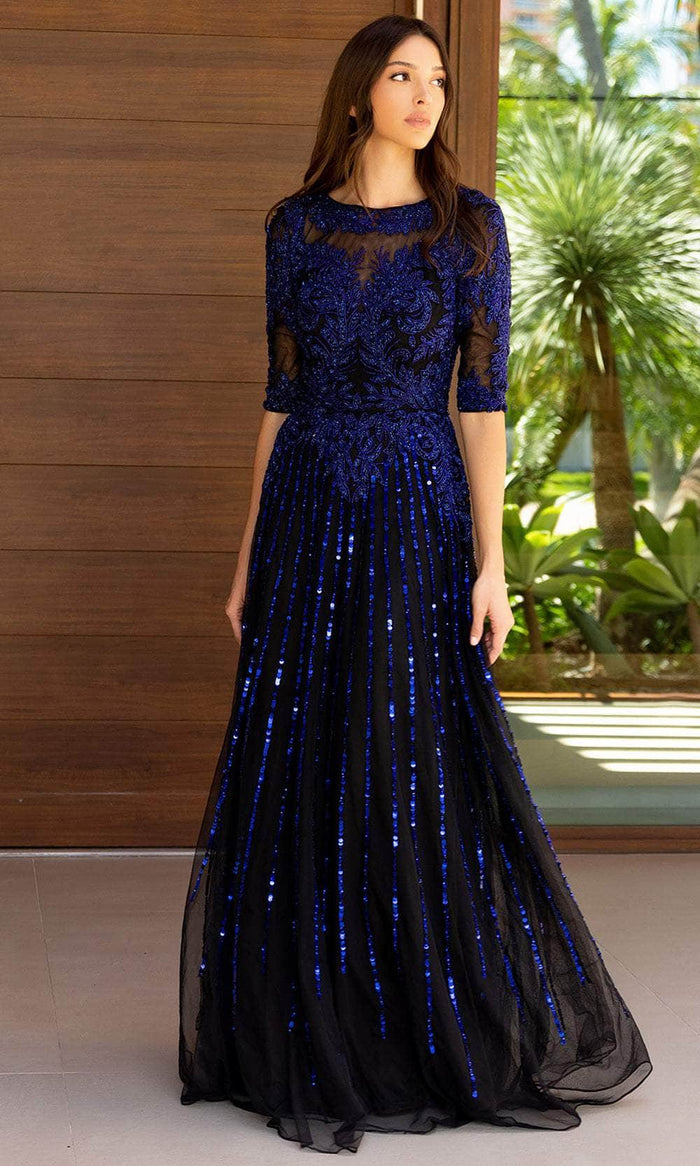 Primavera Couture 13120 - Quarter Sleeve Embellished Prom Gown Prom Dresses 4 / Black