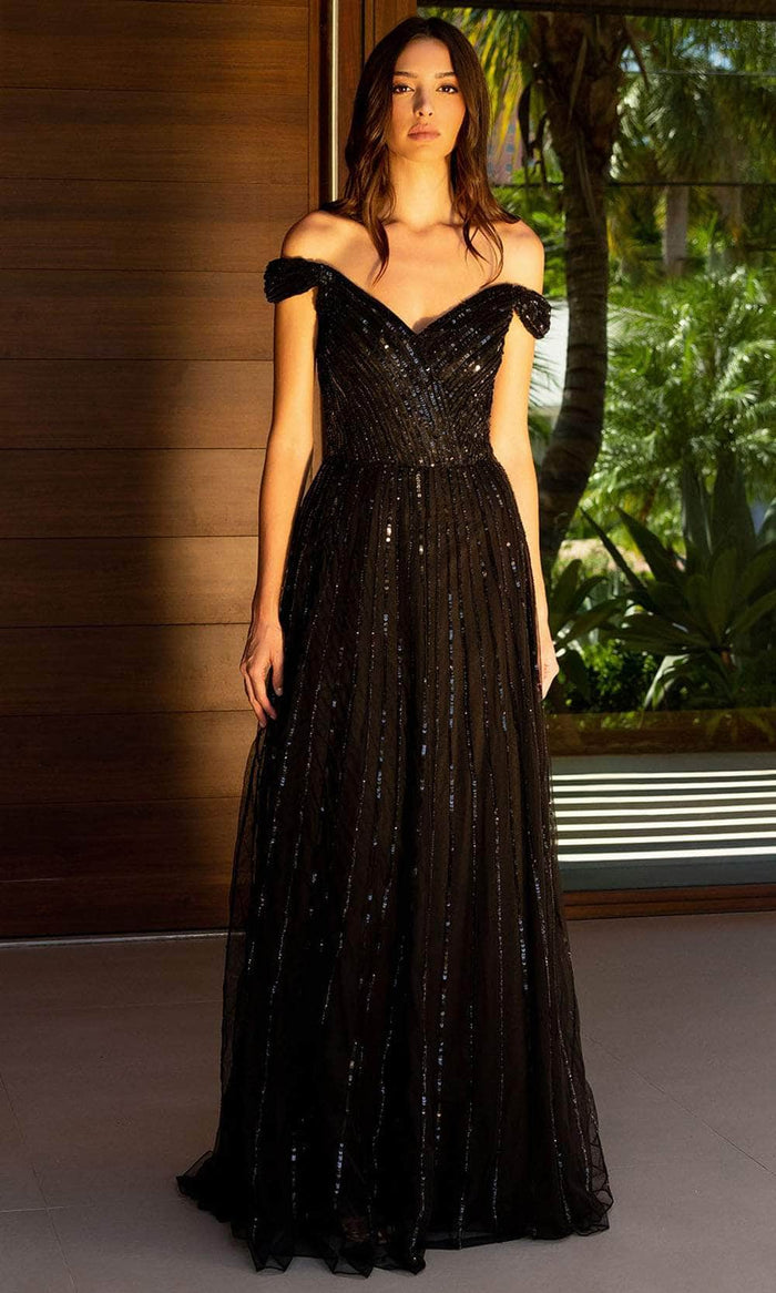 Primavera Couture 13125 - Sequin Embellished Off-Shoulder Prom Dress Prom Dresses 4 / Black