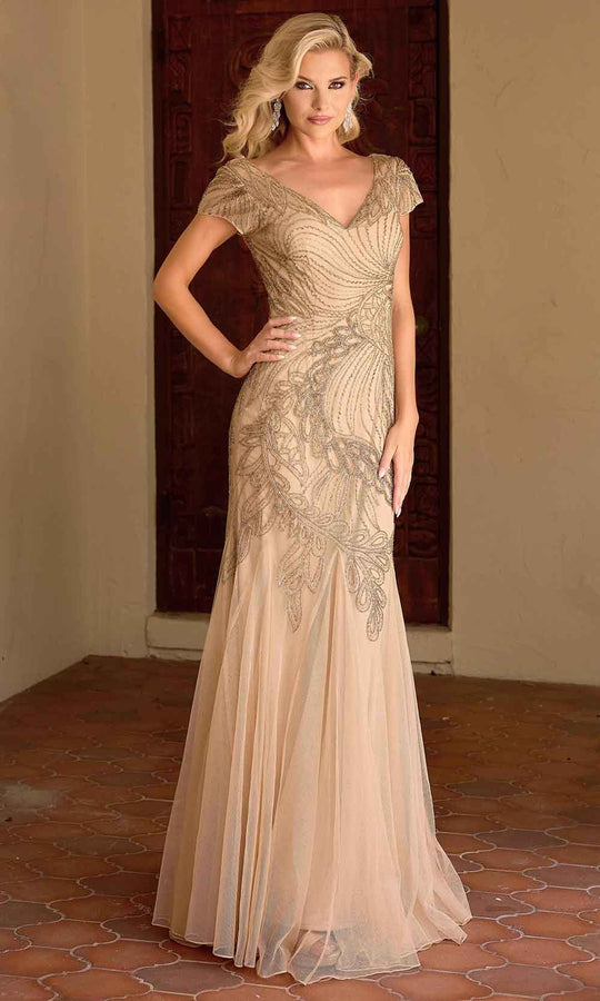 Primavera Couture 13148 - V-Neck Beaded Short Sleeve Evening Gown