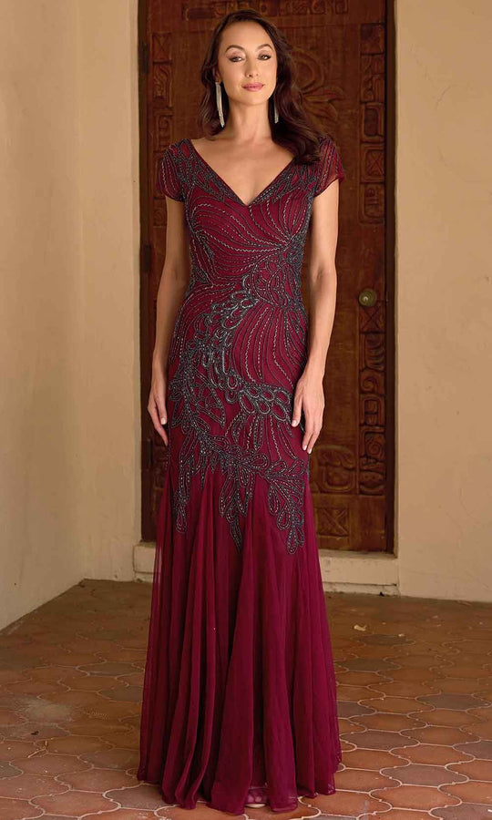 Primavera Couture 13148 - V-Neck Beaded Short Sleeve Evening Gown