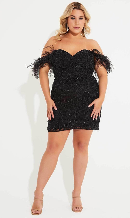 Primavera Couture 14062 - Feather Detailed Off-Shoulder Cocktail Dress