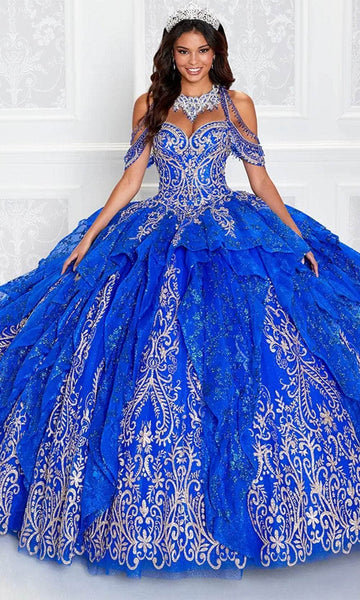 quinceanera dresses royal blue and gold Frame:Casper The elegant corset Material:Viscose Blend Glitter Sequin V-neck Off