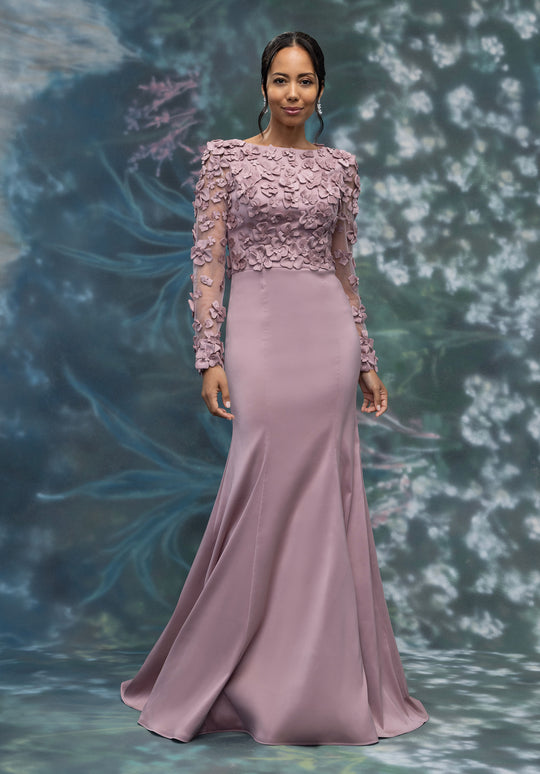 MGNY By Mori Lee 2070007 - Floral Detail Long Sleeve Mikado Gown