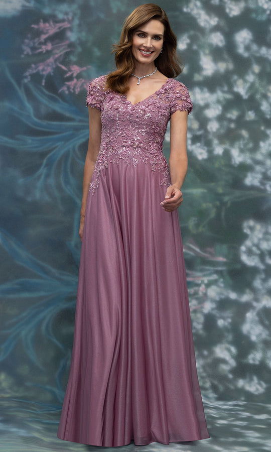 MGNY By Mori Lee 2070023 - Hand Beaded Short Sleeve Chiffon Gown