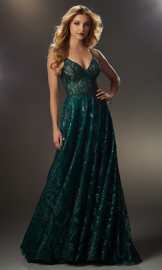 Mori Lee 49323 - Leaf Patterned V-Neckline Prom Gown