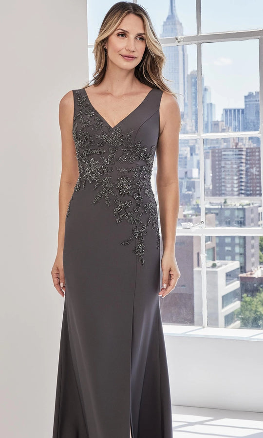 MGNY By Mori Lee 73127 - Floral Appliqued Deep V-Neckline Gown