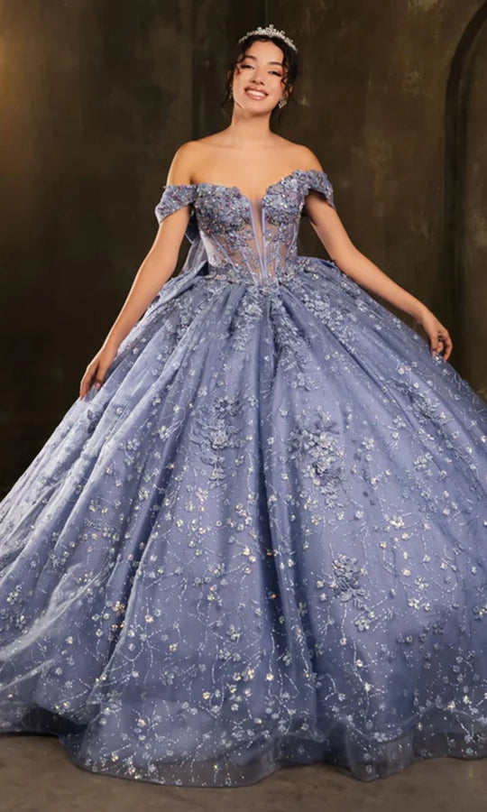 May Queen LK273 - Floral Applique Basque Waist Ballgown