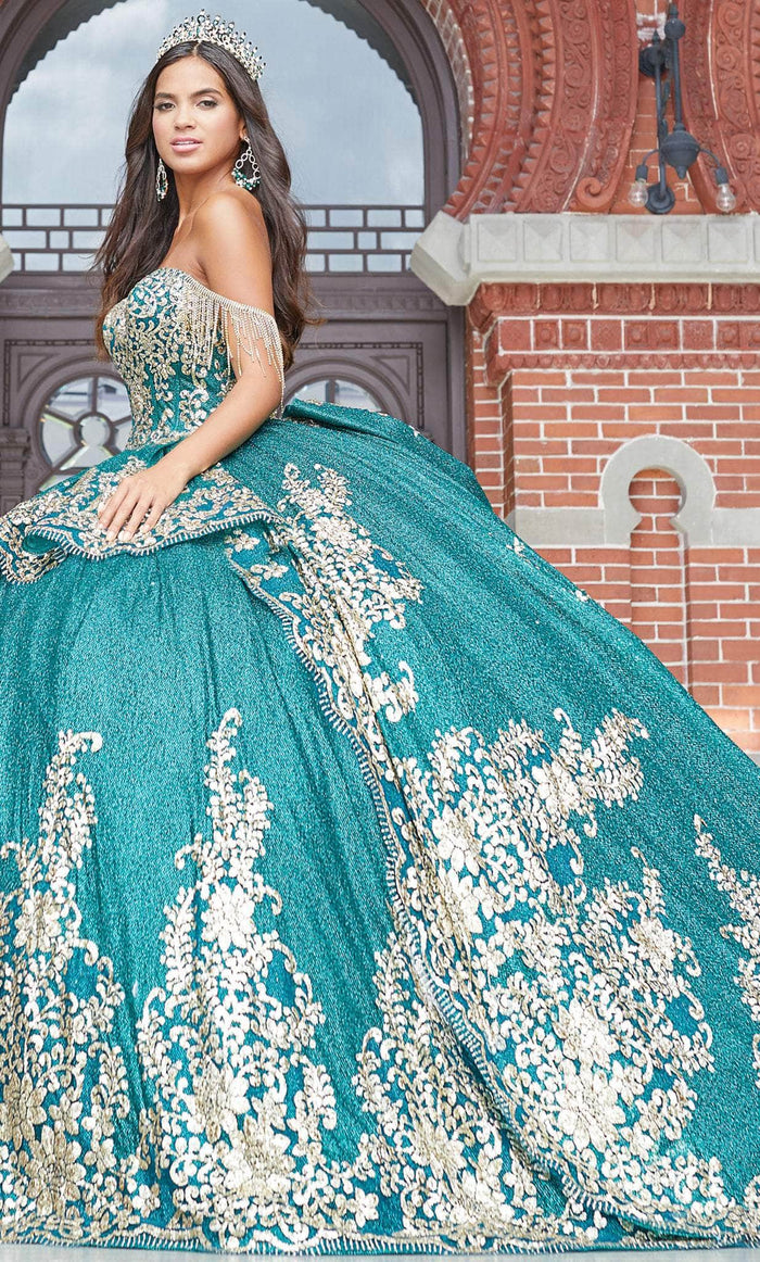 Quinceanera Collection 26053 - Basque Royal Bow-Detailed Ballgown Quinceanera Dresses 0 / Evergreen/Gold