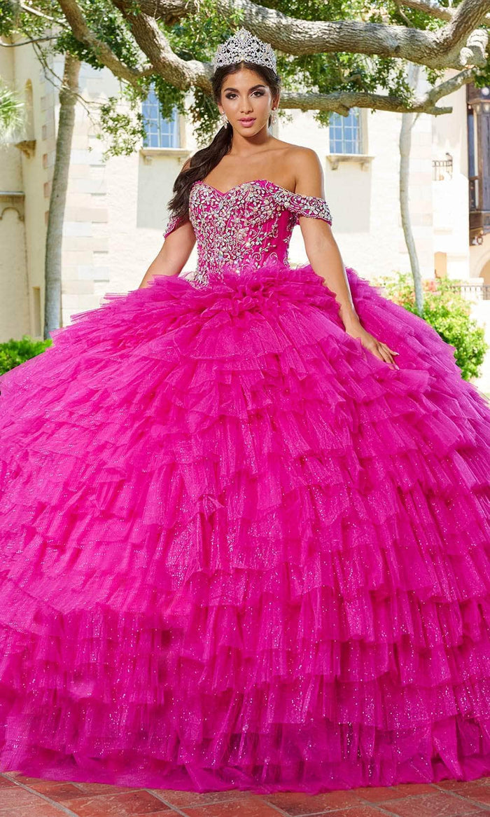 Quinceanera Collection 26081 - Embellished Off-Shoulder Ballgown Ball Gowns 0 / Magenta