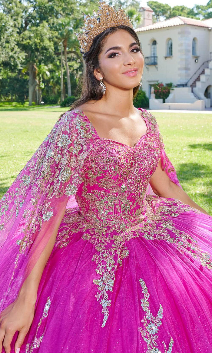 Quinceanera Collection 26083 - Floral Glitter Embellished Ballgown Ball Gowns 0 / Magenta/Gold