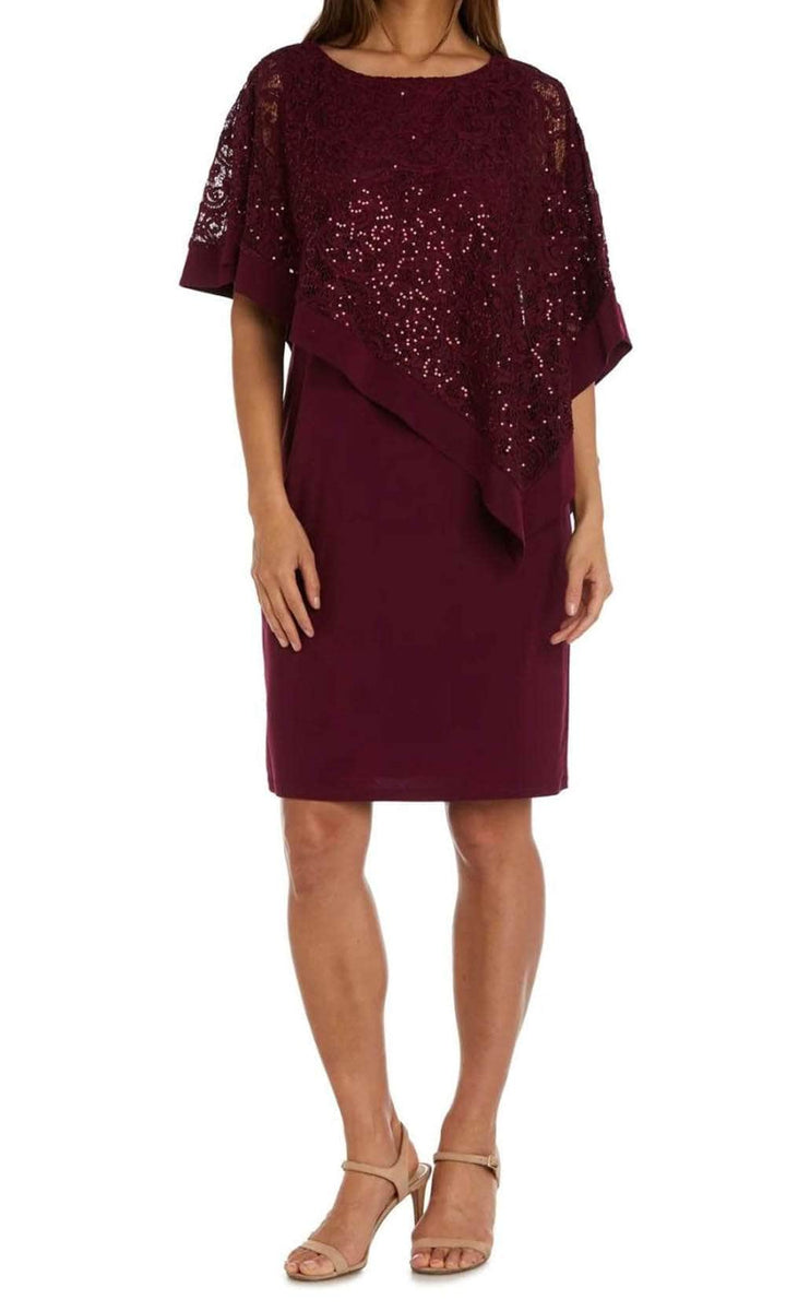 Nightway Women's Lace Cocktail Dress - Merlot Short Bodycon One Piece With Deep V Neck, Size 6