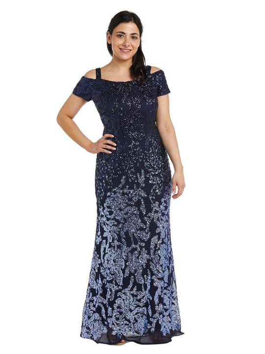 R&M Richards 7133P - Off-Shoulder Sheath Evening Dress Special Occasion Dress 12P / Navy