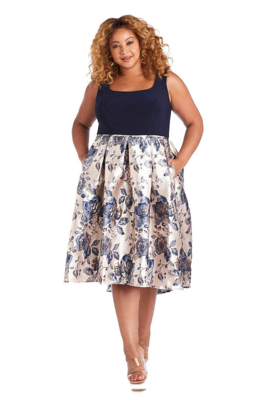 R&M Richards 7163W - Square Neck High Low Formal Dress Special Occasion Dress 16W / Navy Gold