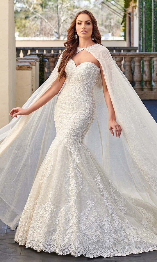 Rachel Allan - M781 Embroidered Lace Mermaid Wedding Gown With Cape