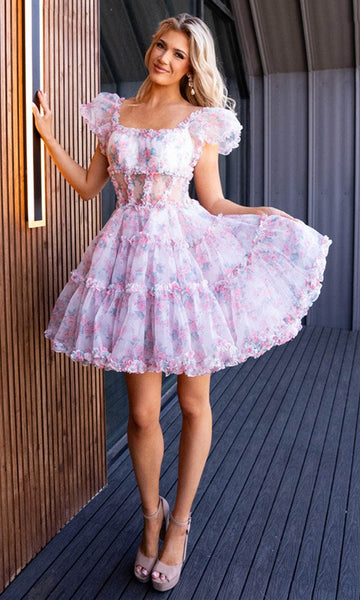 Rachel Allan 40408 - Floral Printed Ruffle Cap Sleeve